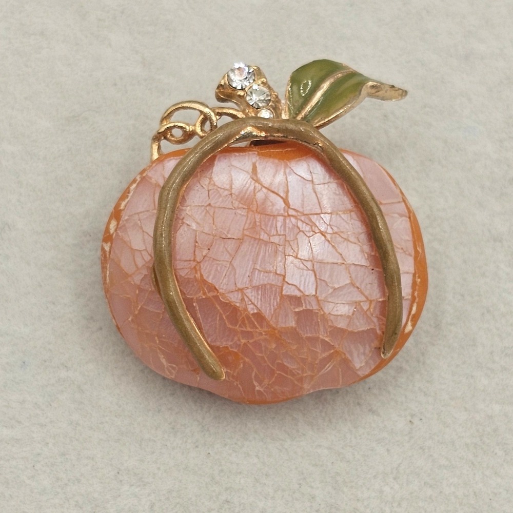 Vintage Liz Claiborne Rhinestone Pumpkin Brooch Peach Crackle Resin Fall Harvest